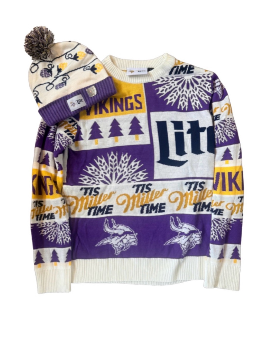Minnesota Vikings Miller Lite Sweater and Hat NWOT Christmas Football Size Small